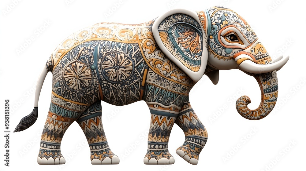 Fototapeta premium 8. **A 3D render of a ceramic tile art featuring a charming elephant with ornamental patterns and textures, isolated on a white background