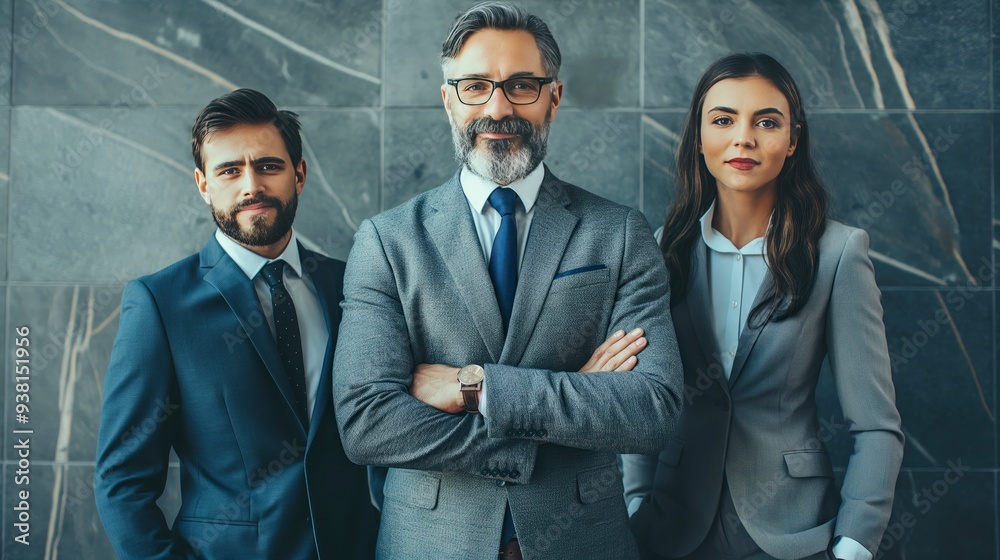 A team of three business professionals in suits standing in front of a marble wall. A team of three business professionals in suits standing in front of a marble wall.