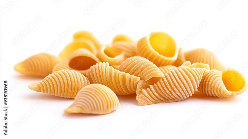A pile of uncooked pasta shells on a white background. A pile of uncooked pasta shells on a white background.