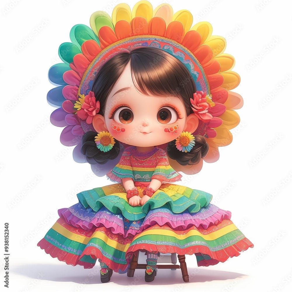 A cute cartoon girl in a colorful dress and flower crown, sitting on a stool with her hands folded in her lap. A cute cartoon girl in a colorful dress and flower crown, sitting on a stool with her hands folded in her lap.