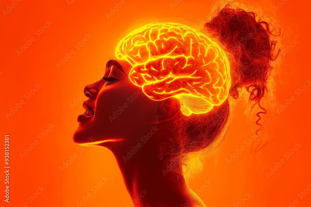 Profile of a Woman with a Glowing Brain Representing Cognitive Power Neural Activity and the Intensity of Thought in a Fiery Luminous Setting Profile of a Woman with a Glowing Brain Representing Cognitive Power Neural Activity and the Intensity of Thought in a Fiery Luminous Setting