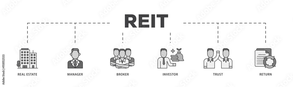 REIT icon infographic illustration concept with icon of real estate, manager, broker, investor, trust and return icon png and easy to edit REIT icon infographic illustration concept with icon of real estate, manager, broker, investor, trust and return icon png and easy to edit