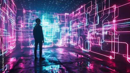 Hacker with neon code projections from natural gas forming a digital labyrinth