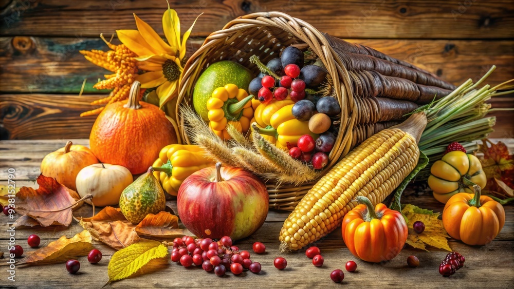 A vibrant, overflowing cornucopia abundantly filled with fresh seasonal fruits, crisp vegetables, and golden grains, symbolizing autumnal abundance and harvest celebration. A vibrant, overflowing cornucopia abundantly filled with fresh seasonal fruits, crisp vegetables, and golden grains, symbolizing autumnal abundance and harvest celebration.