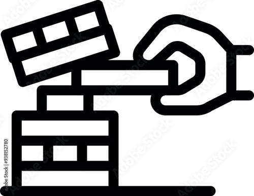 Line art icon of an architect hand placing a brick on top of an unfinished building structure