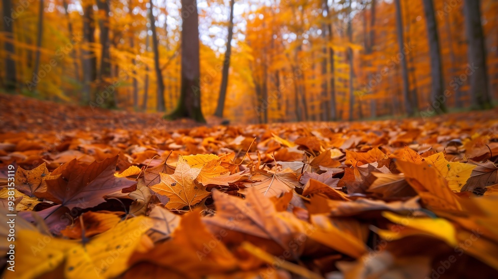 Vibrant orange and yellow autumn leaves scattered on the ground in a peaceful woodland clearing. Vibrant orange and yellow autumn leaves scattered on the ground in a peaceful woodland clearing.