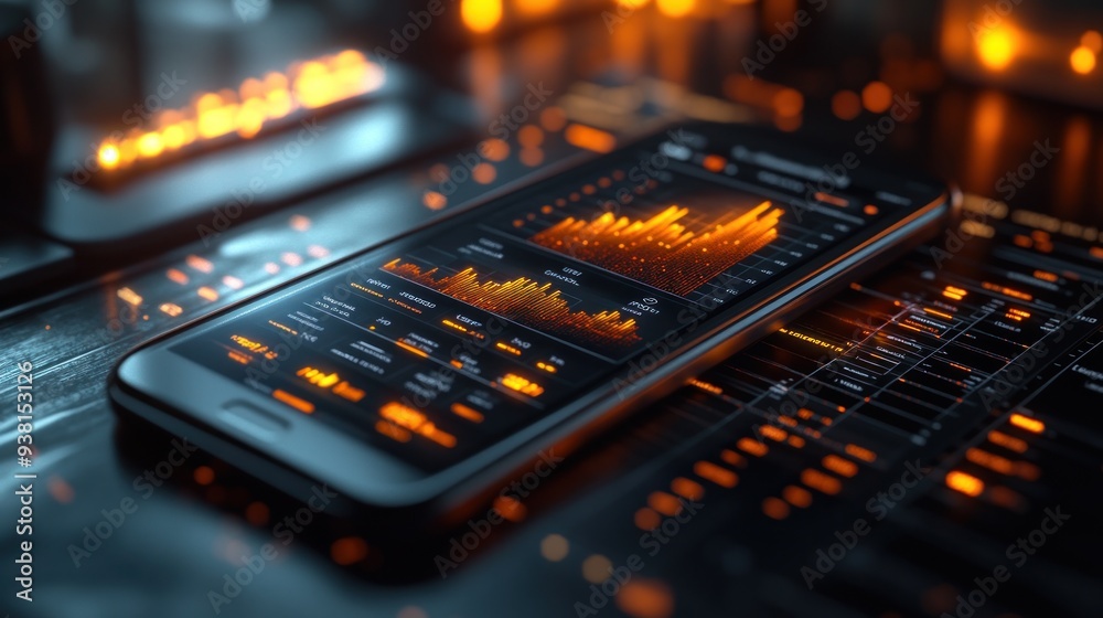 Smartphone displaying a financial graph with warm color scheme Smartphone displaying a financial graph with warm color scheme
