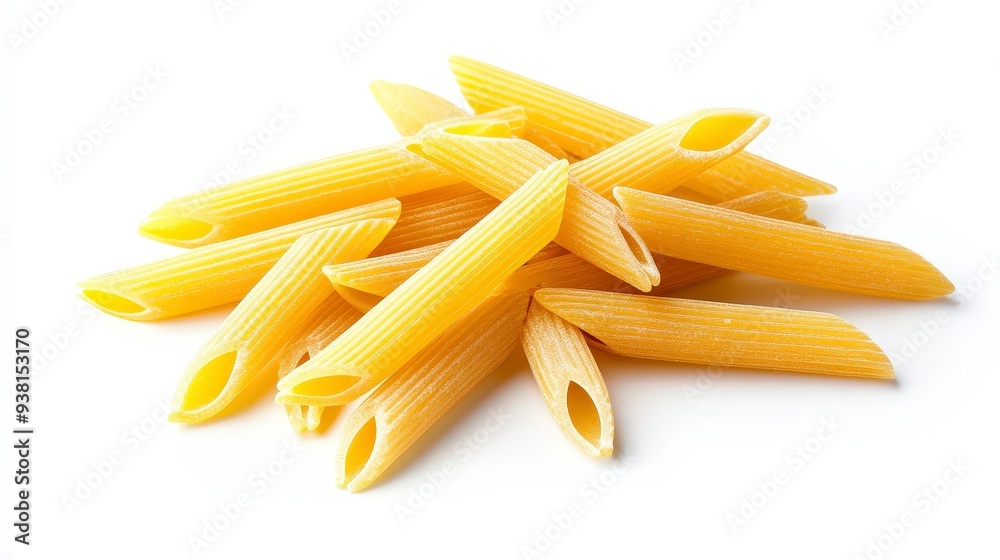 A pile of raw penne pasta isolated on a white background. A pile of raw penne pasta isolated on a white background.