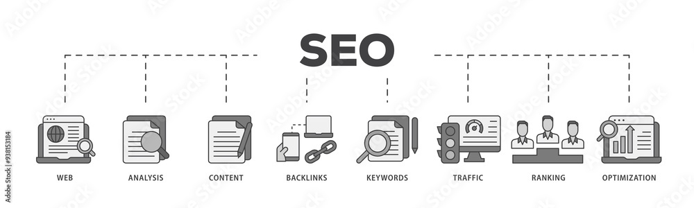 SEO icon infographic illustration concept with icon of website, analysis, content, backlinks, keywords, traffic, ranking, and optimization icon png and easy to edit SEO icon infographic illustration concept with icon of website, analysis, content, backlinks, keywords, traffic, ranking, and optimization icon png and easy to edit