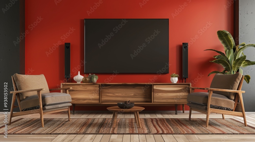 modern living room design , blank TV screen living room , wooden furniture living room , red wall living room modern living room design , blank TV screen living room , wooden furniture living room , red wall living room