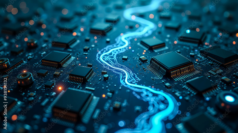 A detailed close-up showcases a circuit board, featuring microchips and glowing blue pathways that highlight the intricate electronic connections within A detailed close-up showcases a circuit board, featuring microchips and glowing blue pathways that highlight the intricate electronic connections within