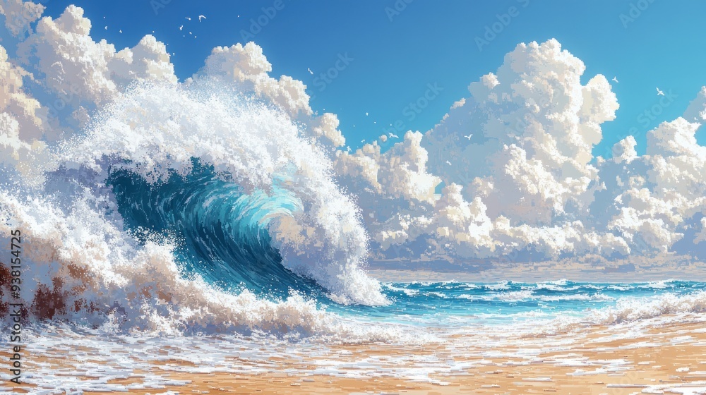 Obraz premium Powerful Ocean Wave Crashing on a Sandy Beach