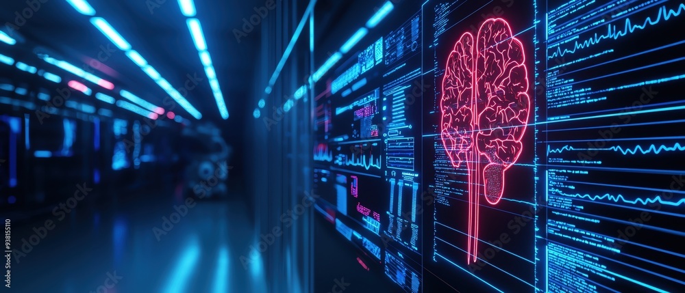 Obraz premium Futuristic data center featuring a glowing brain , symbolizing artificial intelligence and advanced technology.