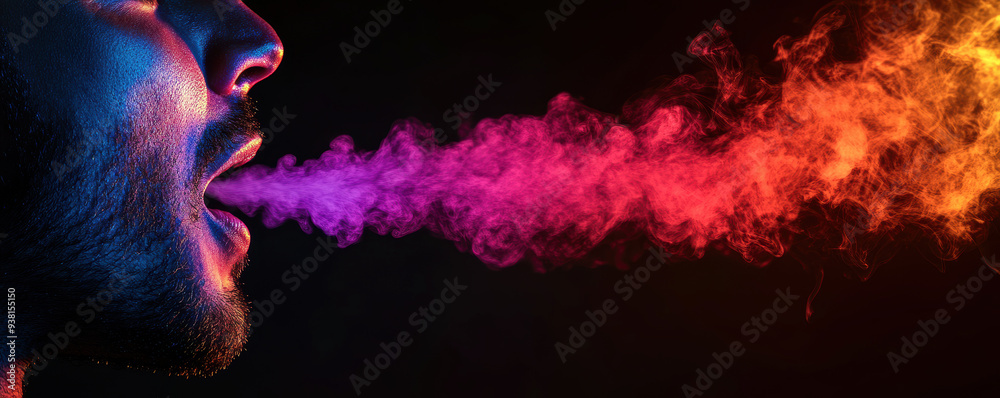 A striking close-up of a person exhaling vibrant, colorful smoke against a dark background, showcasing the interplay of light, shadow, and color in a captivating visual experience.