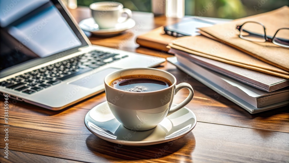 A warm cup of richly brewed coffee sits alongside a laptop and scattered papers on a cluttered desk, symbolizing a busy morning at the office. A warm cup of richly brewed coffee sits alongside a laptop and scattered papers on a cluttered desk, symbolizing a busy morning at the office.