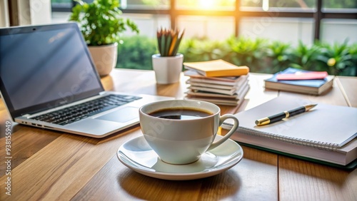 A warm cup of freshly brewed coffee sits on a cluttered office desk surrounded by papers, pens, and a laptop in a modern workspace setting.