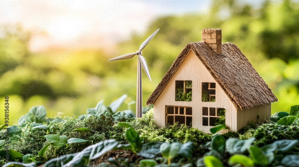 Eco-friendly house with wind turbine amidst green foliage and sunlight, symbolizing sustainable living and renewable energy. Eco-friendly house with wind turbine amidst green foliage and sunlight, symbolizing sustainable living and renewable energy.