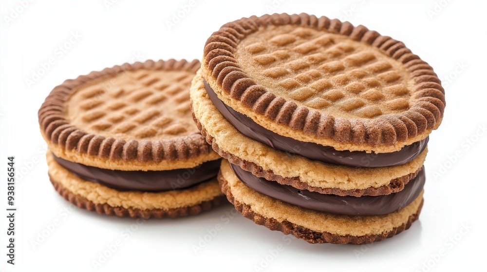 Close up of three chocolate filled cookies on white background. Close up of three chocolate filled cookies on white background.