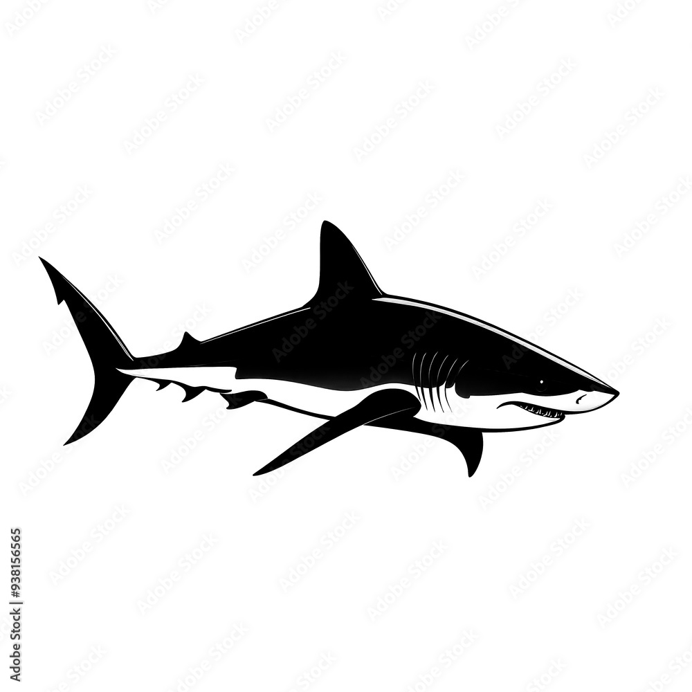 Fototapeta premium Black and white illustration of a great white shark.