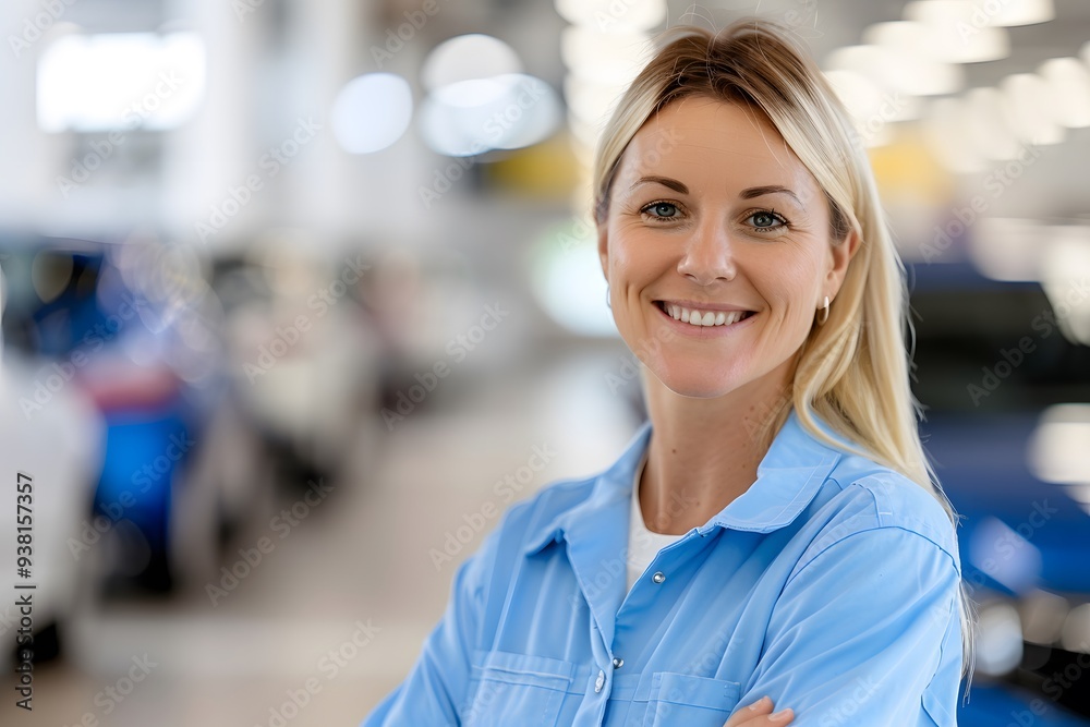 Portrait of a female mechanic working on a car engine in a car repair shop. 