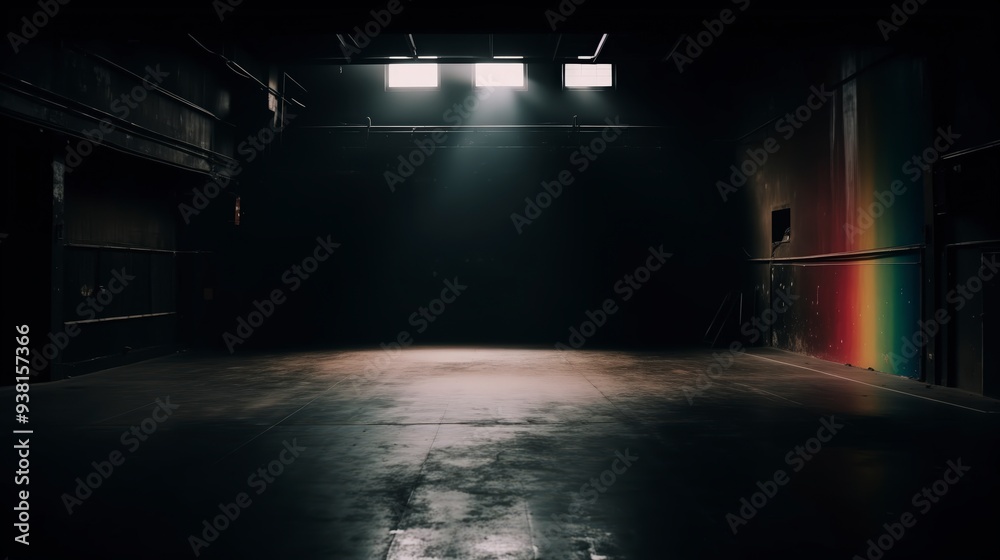 A dark and empty warehouse with a beam of sunlight shining through a window on the ceiling. A dark and empty warehouse with a beam of sunlight shining through a window on the ceiling.