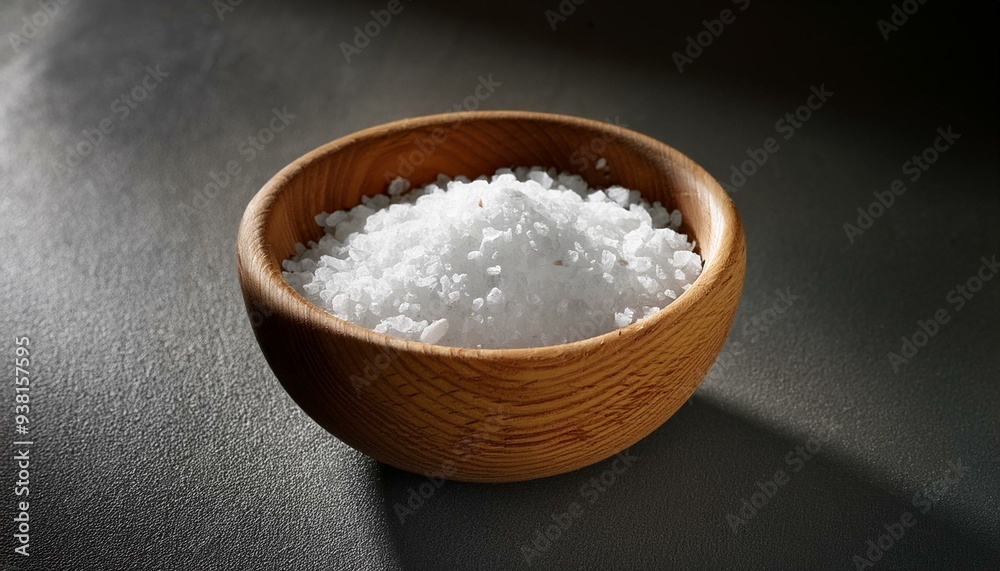 Coarse Kosher Salt in Wooden Bowl on Dark Textured Background with Soft Shadows Coarse Kosher Salt in Wooden Bowl on Dark Textured Background with Soft Shadows