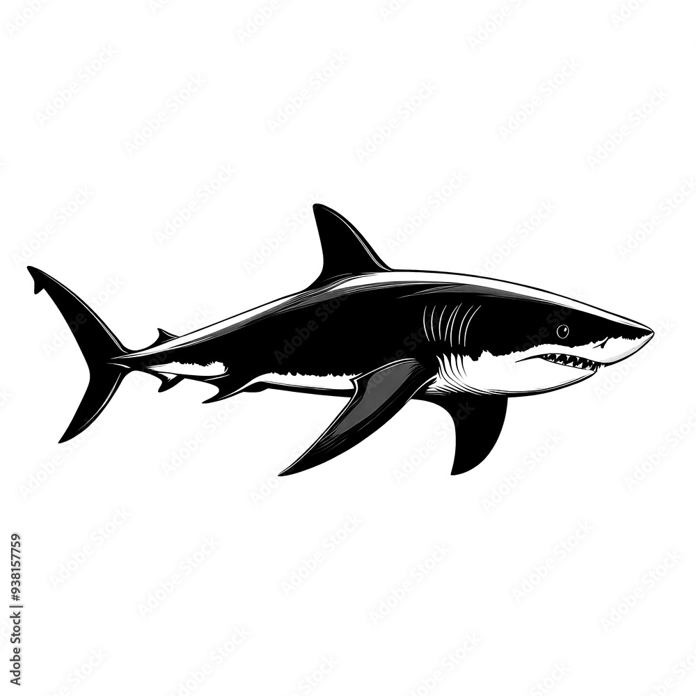 Naklejka premium Black and white illustration of a great white shark.