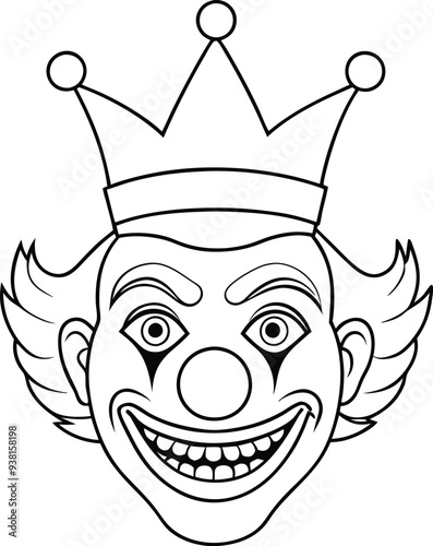 clown with crown line art illustration black and white