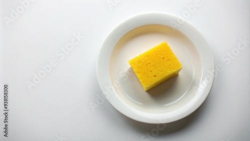 A white ceramic dish sits alongside a bright yellow sponge on a plain white background, conveying cleanliness and domesticity in a minimalist composition. photo