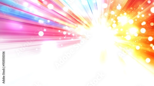 Lens Flare Effect: A bright, colorful lens flare spreading across the frame, with light rays fanning out on a white background. 