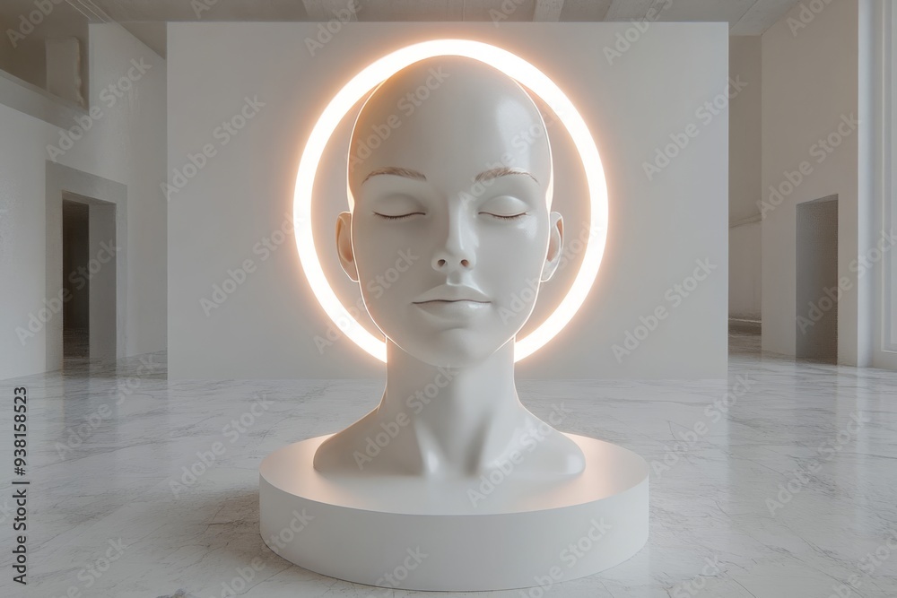Minimalist futuristic head model in a serene gallery space illuminated by a glowing circular light symbolizing artificial intelligence and human machine connection Minimalist futuristic head model in a serene gallery space illuminated by a glowing circular light symbolizing artificial intelligence and human machine connection