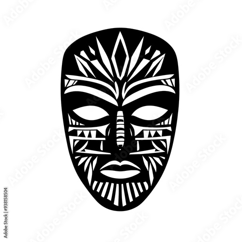 Black and white tribal mask with intricate design. photo