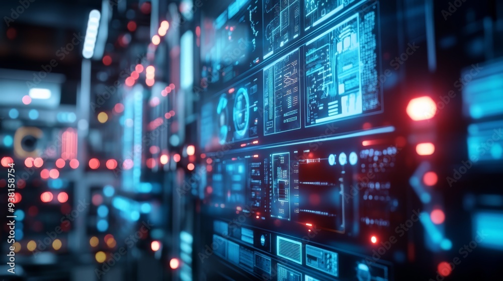Close-up of futuristic server room with advanced technology screens and fiber optics, emphasizing cybersecurity and data management. Close-up of futuristic server room with advanced technology screens and fiber optics, emphasizing cybersecurity and data management.