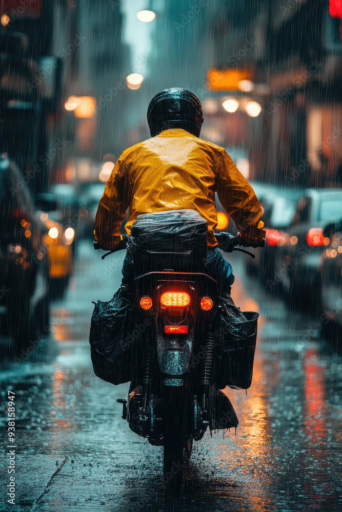 A food delivery driver in a yellow raincoat rides through the city during heavy snowfall A food delivery driver in a yellow raincoat rides through the city during heavy snowfall