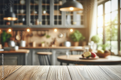 Cozy Kitchen Interior with a Wooden Tabletop, Perfect for Food Photography or Product Display