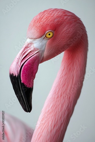 Close-up of a flamingo's head showcasing vibrant pink feathers and striking e...