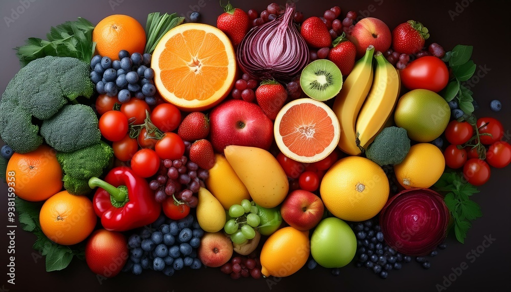 Colorful Arrangement of Fresh Fruits and Vegetables in Abstract Pattern Colorful Arrangement of Fresh Fruits and Vegetables in Abstract Pattern