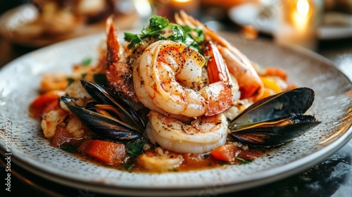 Delicious seafood pasta with shrimp and mussels served in a restaurant photo