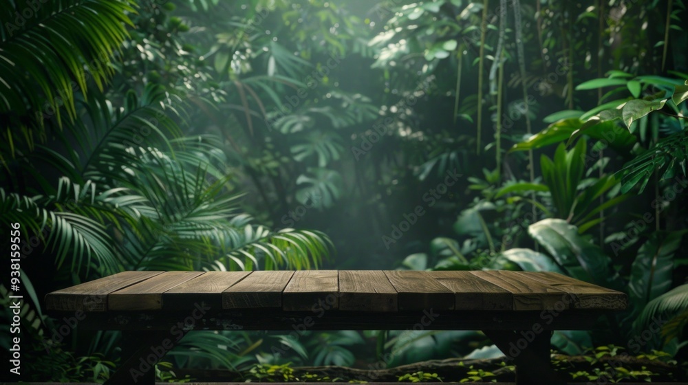 wooden table in a lush forest, product mock up
