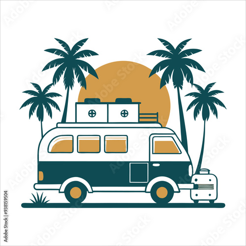 Retro Camper Van with Palm Trees Silhouette

