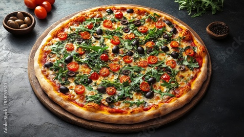 Freshly baked pizza topped with cherry tomatoes and arugula in a cozy pizzeria