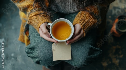 A person holding a warm cup of green tea on a rustic table in a cozy setting