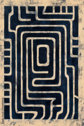 Abstract blue maze pattern on weathered wall with textured surface