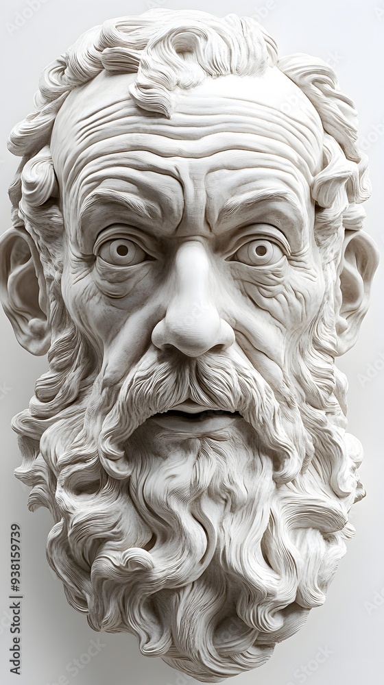 46. **A realistic 3D render of a ceramic art portrait featuring a wise philosopher with detailed facial textures, isolated on a white background 46. **A realistic 3D render of a ceramic art portrait featuring a wise philosopher with detailed facial textures, isolated on a white background