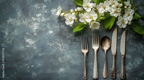 Elegant table setting with vintage silverware and white flowers on textured g...