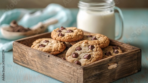 Freshly baked chocolate chip cookies with a glass of milk on a rustic tray