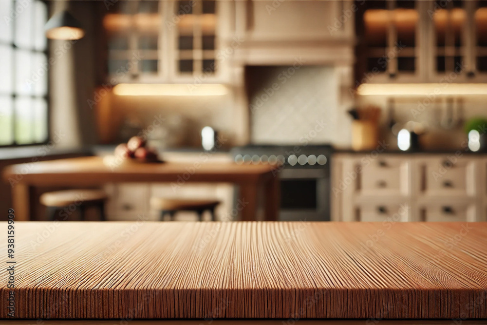 Cozy Kitchen Interior with a Wooden Tabletop, Perfect for Food Photography or Product Display Cozy Kitchen Interior with a Wooden Tabletop, Perfect for Food Photography or Product Display