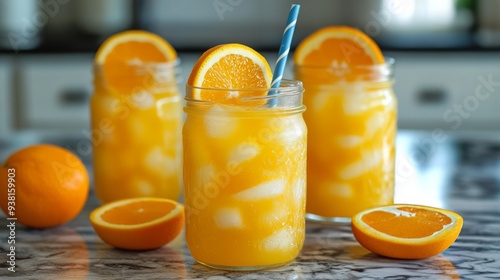 Refreshing papaya drinks served in jars with fresh fruit on a wooden table in...