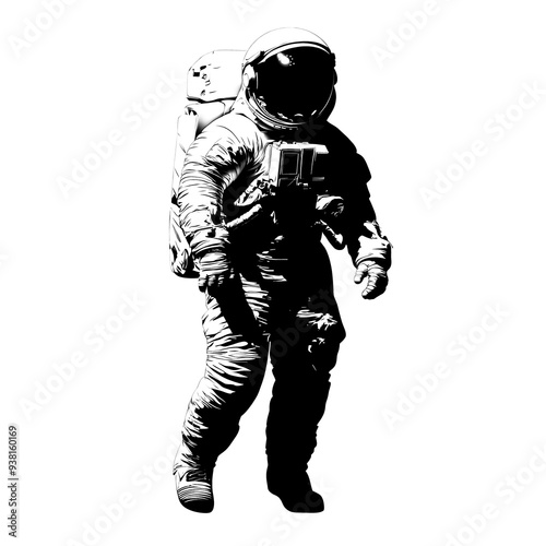 Silhouette of an astronaut in a spacesuit, isolated on white background.