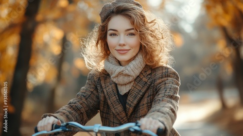 Young woman cycling through a park with autumn leaves in soft afternoon light
